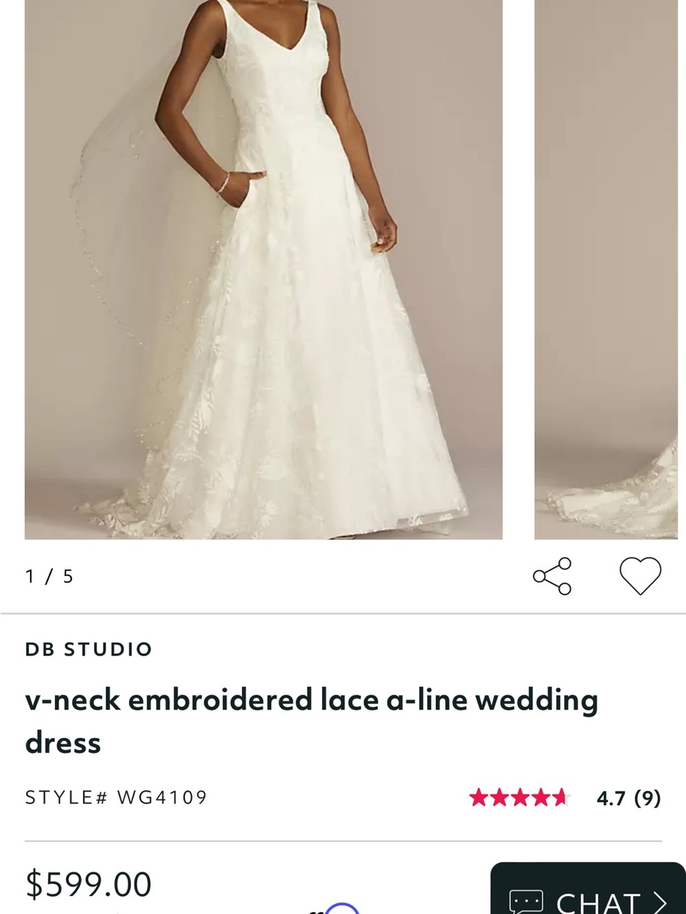 David's Bridal White V-neck Embroidered Lace A-line Wedding Dress